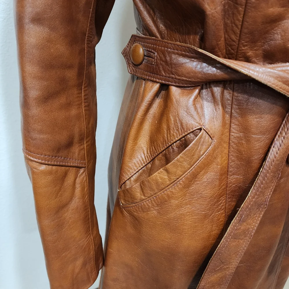 Vintage Leather Trench Coat Full Length 70s Genuine Cognac Leather size Medium - Picture 6 of 16